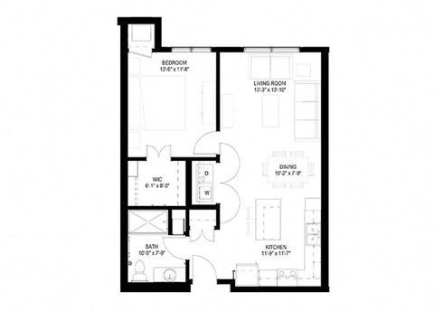 Floor plan for 1 bed, 1 bath, 771 sqft